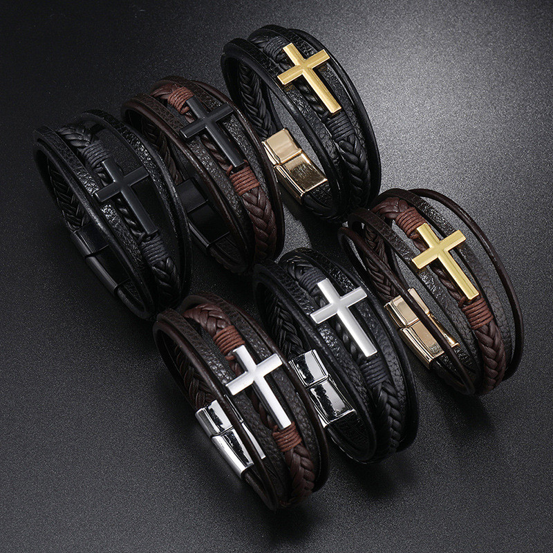 Amazon Hot-Selling New Cross Leather Bracelet for Men Multi-Layer Hand-Woven Rope Magnetic Clasp PU Bracelet