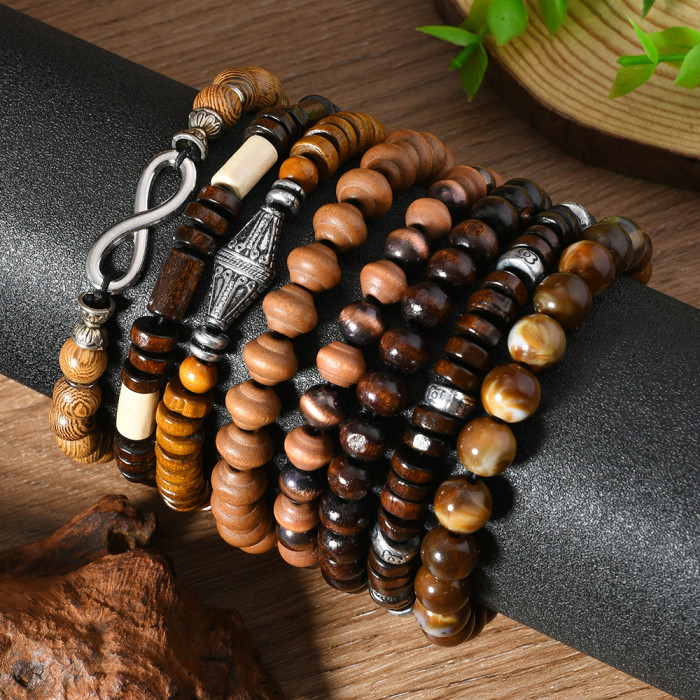 8-Piece Set Unisex Handmade Elastic Cord Vintage Wooden Bead Bracelet Simple Casual Combination Jewelry Set