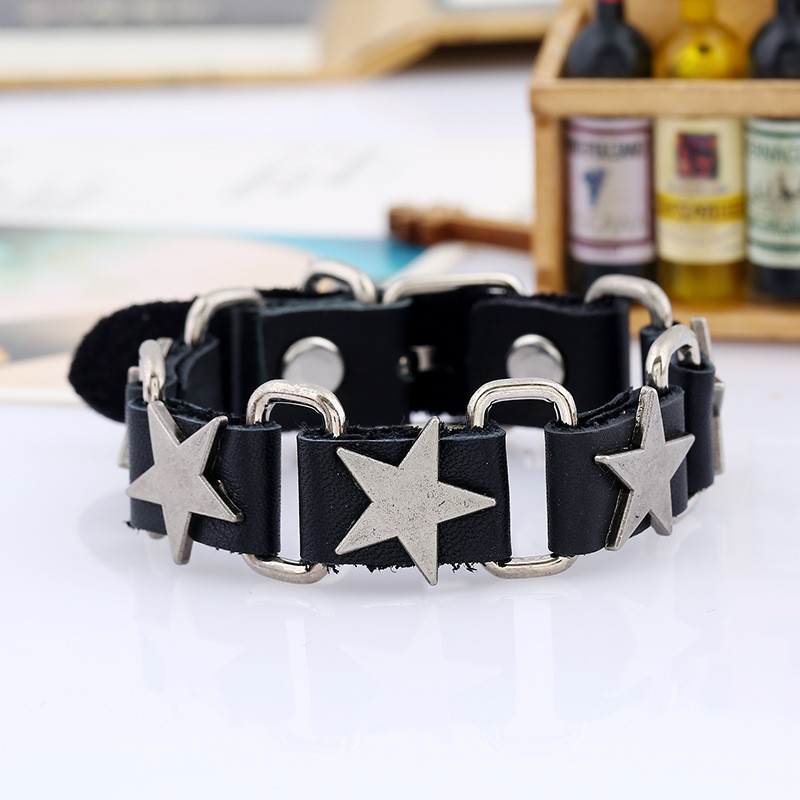 Cross-Border Accessories European and American Jewelry Wholesale Men's Bracelet Personality Five-Pointed Star Punk Leather Bracelet Wristband