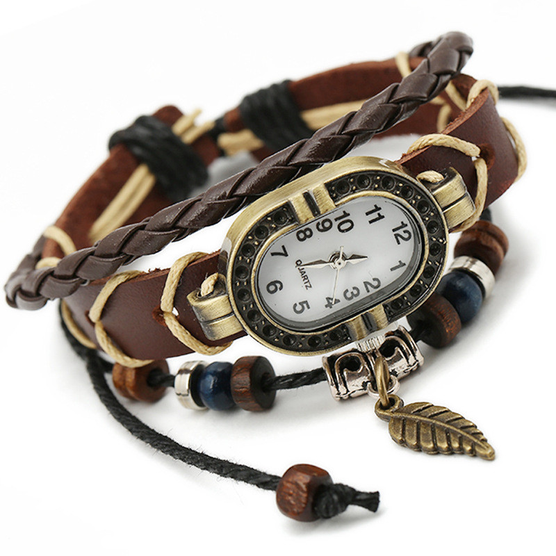 Factory Direct New Woven Retro Genuine Leather Bracelet Watch Men and Women Leather Watch Cowhide Bracelet Watch Leaf Style