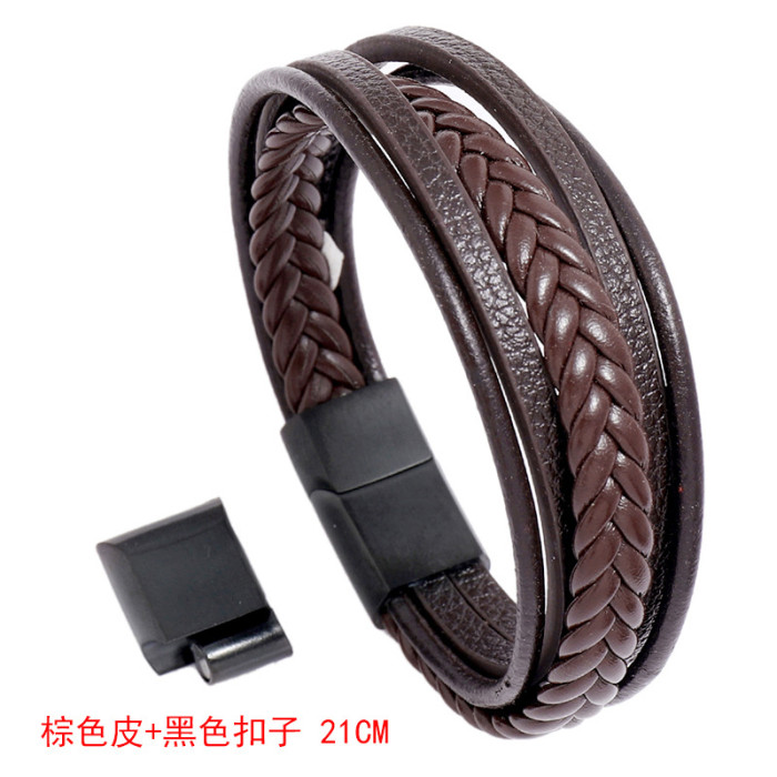 European and American Cross-Border Jewelry Stainless Steel Magnet Clasp Men's Leather Bracelet Creative Multi-Layer Simple Woven Leather Bracelet