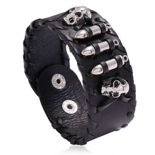 European and American Punk Style Cowhide Bracelet Personality Trendy Men's Motorcycle Accessories Skull Genuine Leather Bracelet Cross-Border E-commerce Source