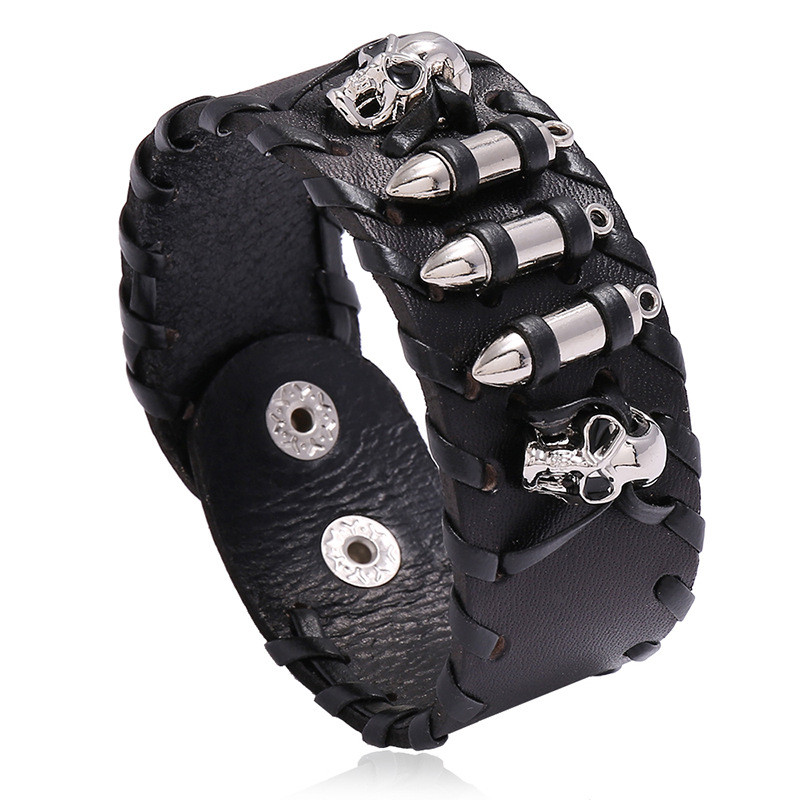 European and American Punk Style Cowhide Bracelet Personality Trendy Men's Motorcycle Accessories Skull Genuine Leather Bracelet Cross-Border E-commerce Source