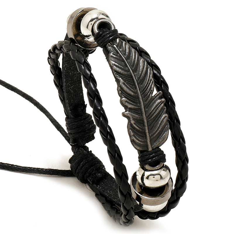 European and American Foreign Trade Fashion Trendy Accessories Simple Alloy Feather Beaded Leather Bracelet Personality Trendy Unisex Wristband