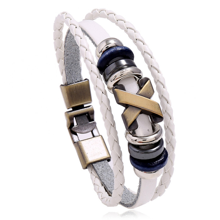 Cross-Border Jewelry Wholesale Simple Beaded Cowhide Bracelet Personality Versatile X-Stud Unisex Hand Accessories Trendy Leather Bracelet