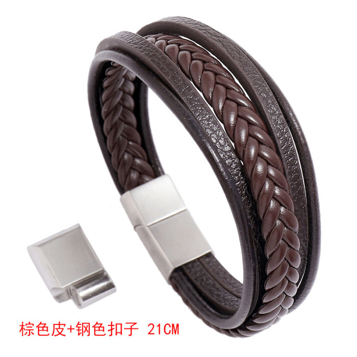 European and American Cross-Border Jewelry Stainless Steel Magnet Clasp Men's Leather Bracelet Creative Multi-Layer Simple Woven Leather Bracelet