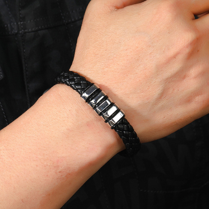 Cross-Border Hot Sale Men's Multi-Layer Leather Braided Bracelet Simple Alloy Magnet Clasp European and American Hip-Hop Bracelet
