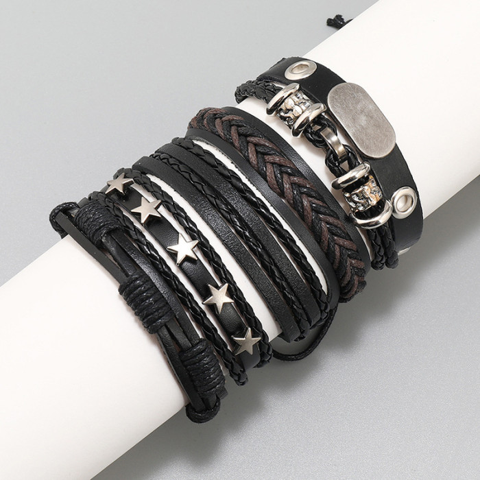 Minimalist Handmade Woven Leather Bracelet DIY 5-Piece Set Combination Adjustable Pull Bracelet Men's Jewelry Bracelet