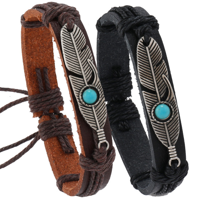 Amazon Hot Sale Simple Fashion Handmade Woven Leather Bracelet Vintage Alloy Feather Couple PU Bracelet