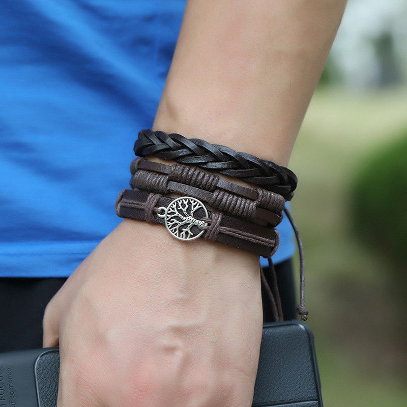 Factory Direct Handmade Woven Vintage Cowhide Bracelet DIY Combination Three-Piece Set Men's Accessories Cross-Border Supply