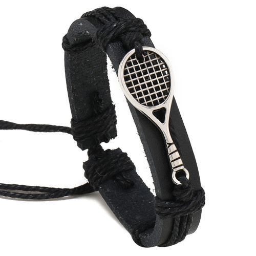 European and American Foreign Trade New Jewelry Simple Handmade Woven Tennis Racket Leather Bracelet Personalized Black Men's Wristband
