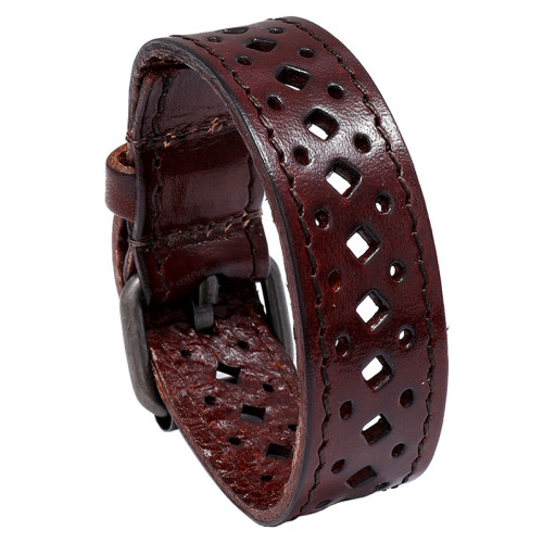 Cross-Border Hot-Selling Popular European and American New Style Cowhide Bracelet Vintage Hollow Men's Wide Leather Bracelet Personalized Cycling Accessories