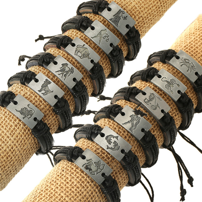 Black Leather 12 Zodiac Genuine Leather Bracelet Birthday Gift One of Each of the 12 Zodiacs Cowhide Bracelet