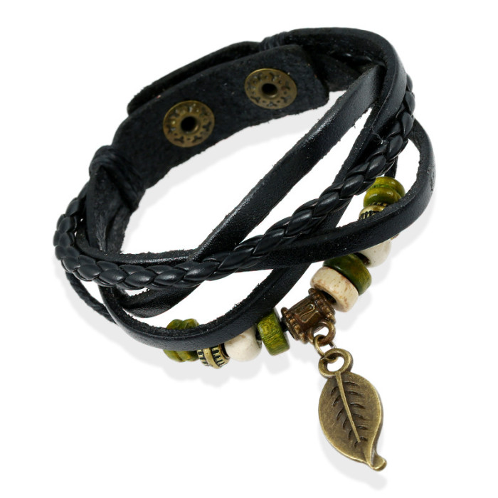 Punk New Style Woven Vintage Leaf Pendant Leather Bracelet Watch Strap Student Accessories Korean Version Personalize...