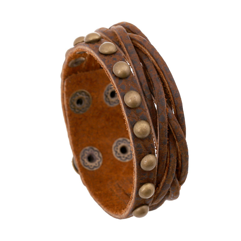 Factory Direct Supply Cross-Border New Creative Brown Lychee Pattern Cowhide Bracelet Retro Multi-Layer European and American Woven Bracelet
