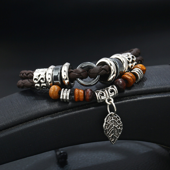Korean Style Fashion Personality Creative Multi-layer Woven Leaf Pendant Men's Leather Bracelet E-commerce Hand Accessories Wholesale