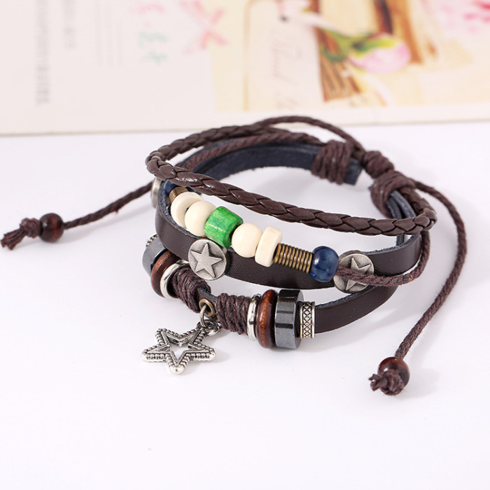 Low Price Promotion Alloy Five-Pointed Star Pendant Genuine Leather Bracelet Wholesale Beaded Cowhide Bracelet Welcom...