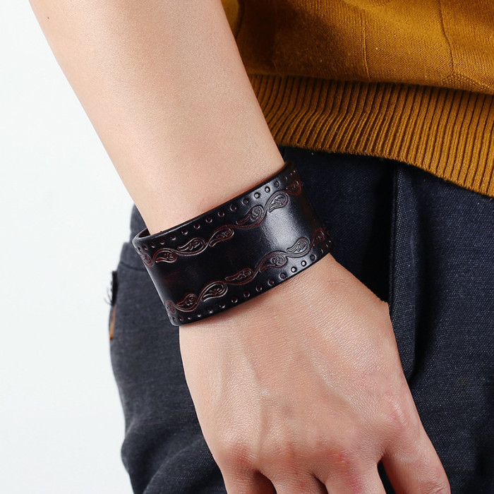 Punk Retro Cowhide Bracelet Foreign Trade Versatile Simple Embossed Genuine Leather Bracelet Yiwu Jewelry Wholesale