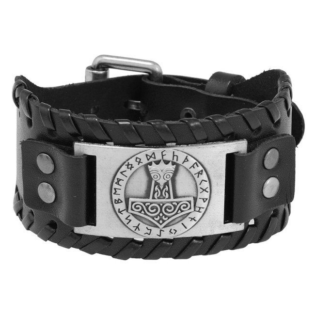Cross-Border New Retro Woven Thor's Hammer Leather Bracelet Simple Viking Runa Wide Leather Bracelet European and American Accessories