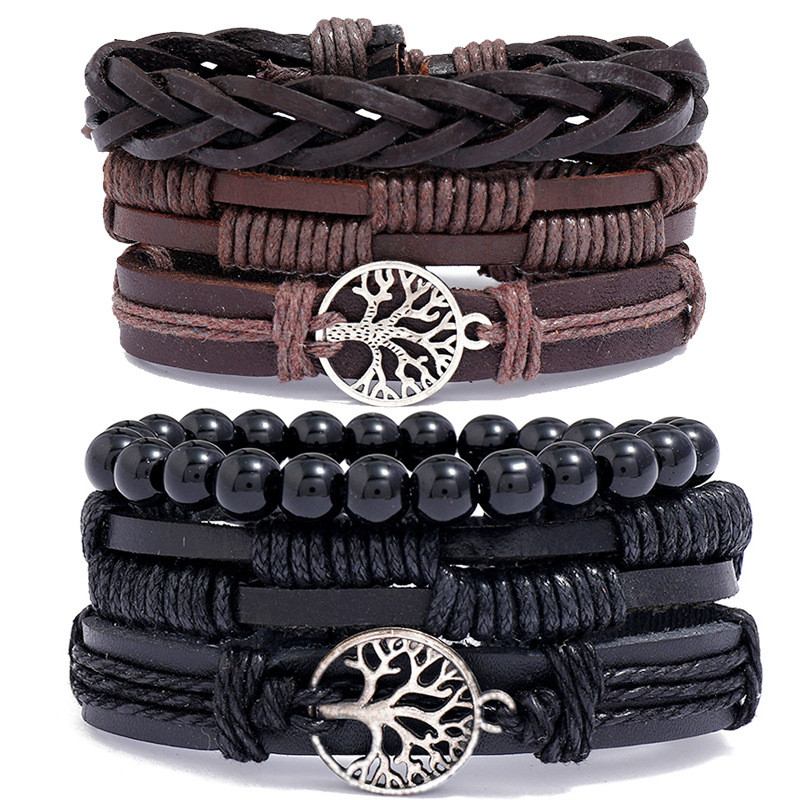 Factory Direct Handmade Woven Vintage Cowhide Bracelet DIY Combination Three-Piece Set Men's Accessories Cross-Border Supply