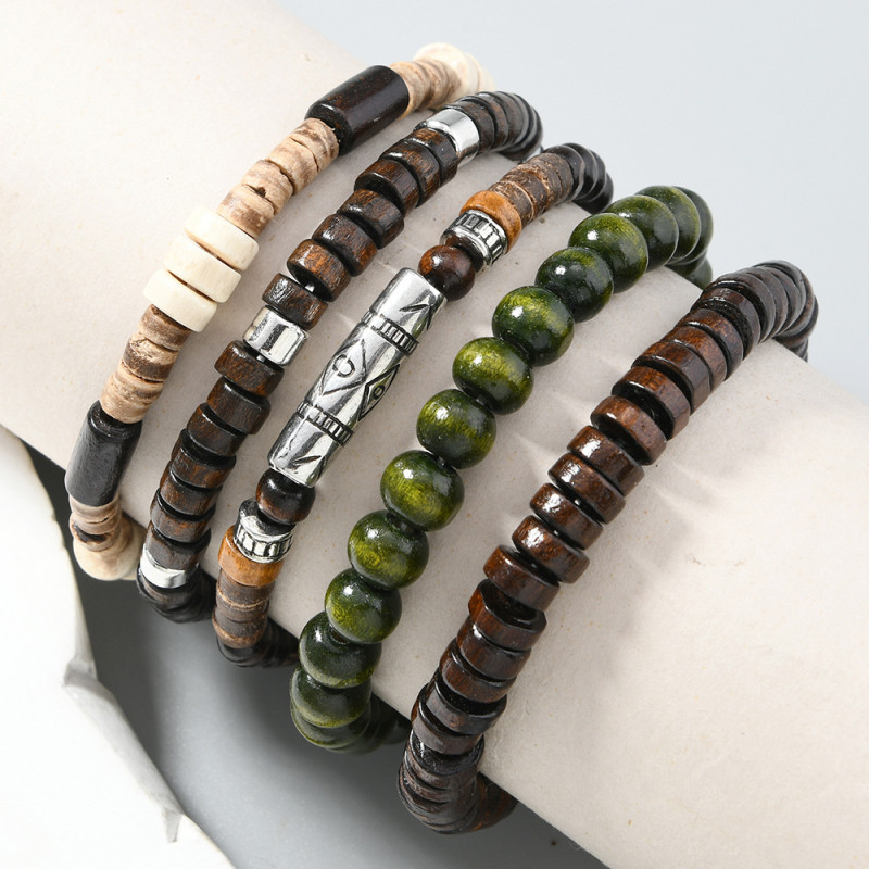 European and American New Style Men's Artistic Retro Multi-layer Elastic Cord Wooden Bead Bracelet Multi-layer Stacked Bead Bracelet