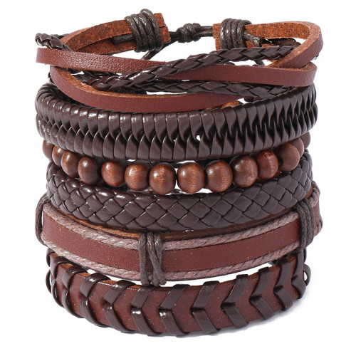European and American Retro Simple Adjustable Bracelet Creative DIY Combination 6-Piece Set Hand-Woven Unisex Leather Bracelet