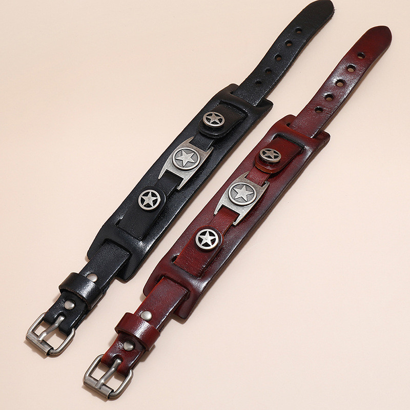 Cross-Border European and American New Style Hand Jewelry Simple Retro Five-Pointed Star Leather Bracelet Punk Style Elegant Multi-Layer Men's Bracelet
