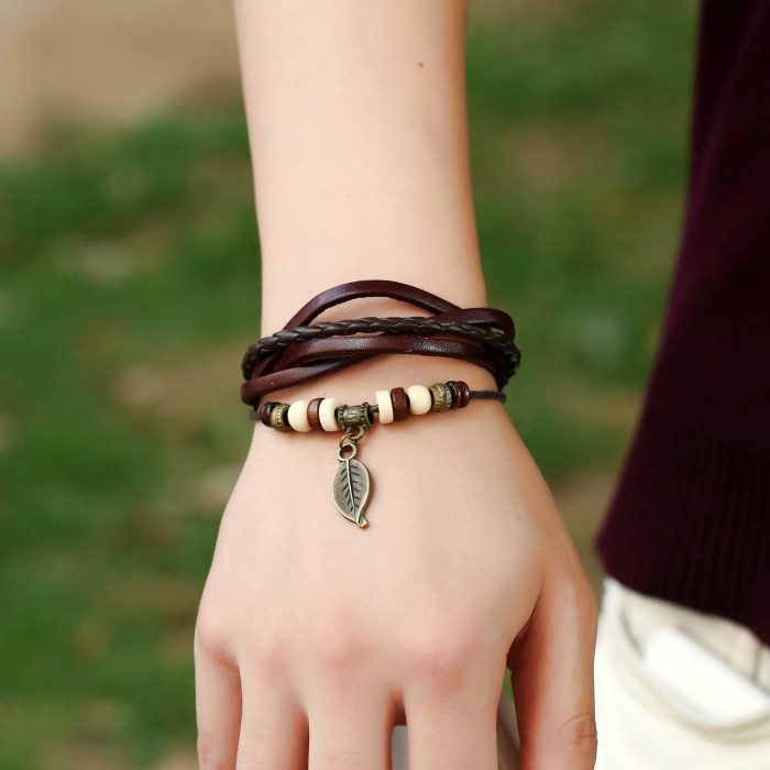 Punk New Style Woven Vintage Leaf Pendant Leather Bracelet Watch Strap Student Accessories Korean Version Personalize...
