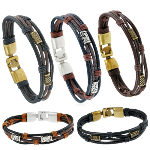Punk Factory Direct Sale European and American Alloy Woven Genuine Leather Bracelet AliExpress Hot-Selling Retro Cowhide Bracelet Bangle