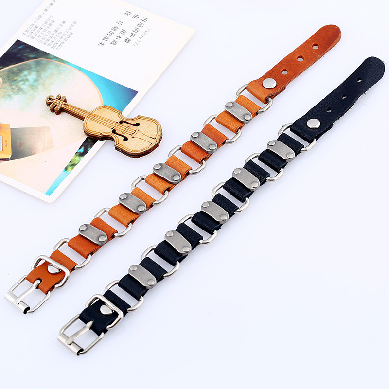 Japanese and Korean Punk Trendy Connected Leather Bracelet for Men and Women Hip Hop Personality Simple Retro Hand Jewelry Street Performance Accessories