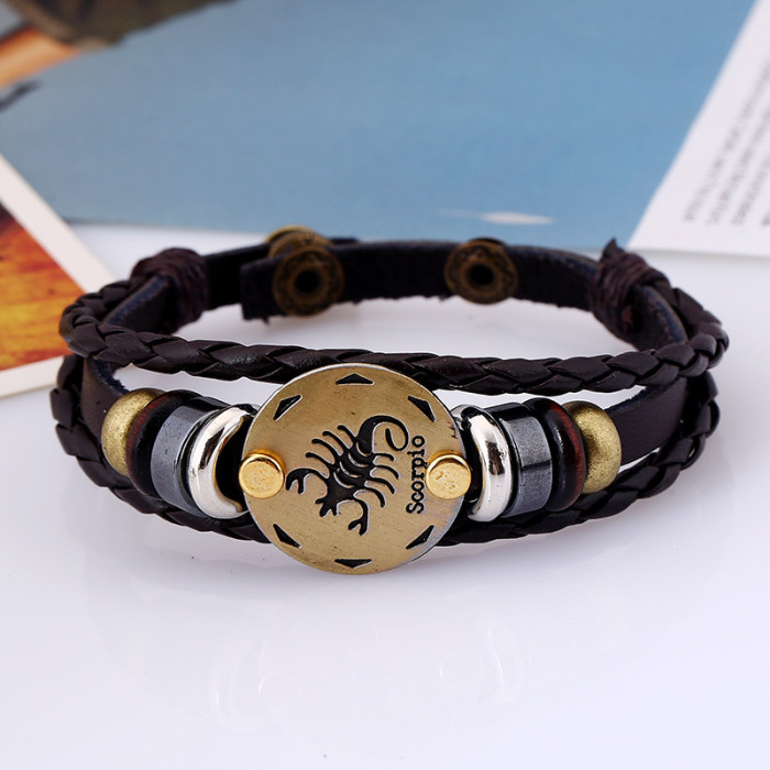 Jewelry Beaded 12 Zodiac Leather Bracelet Personalized Birthday Gift Adjustable Trendy Leather Wristband