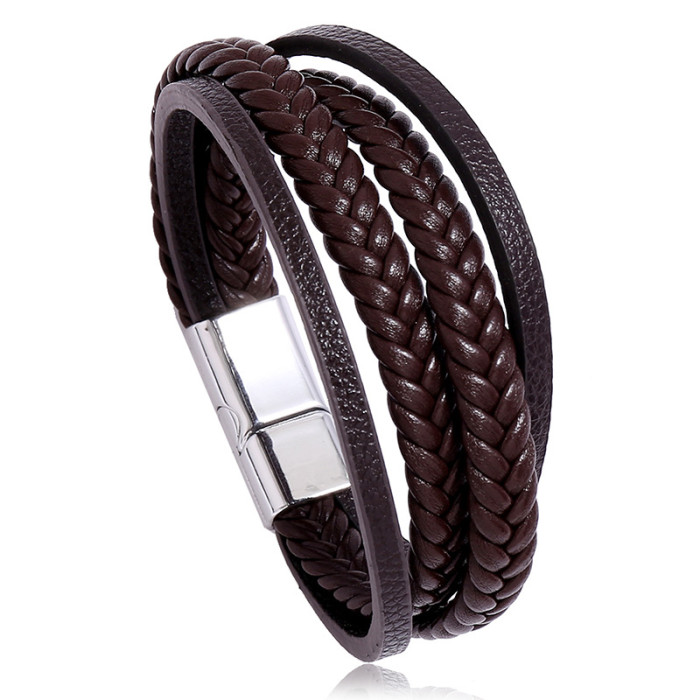 E-commerce Jewelry Multi-Layer Simple Woven Men's Leather Bracelet New Style Magnetic Clasp Imitation Cowhide Bracelet