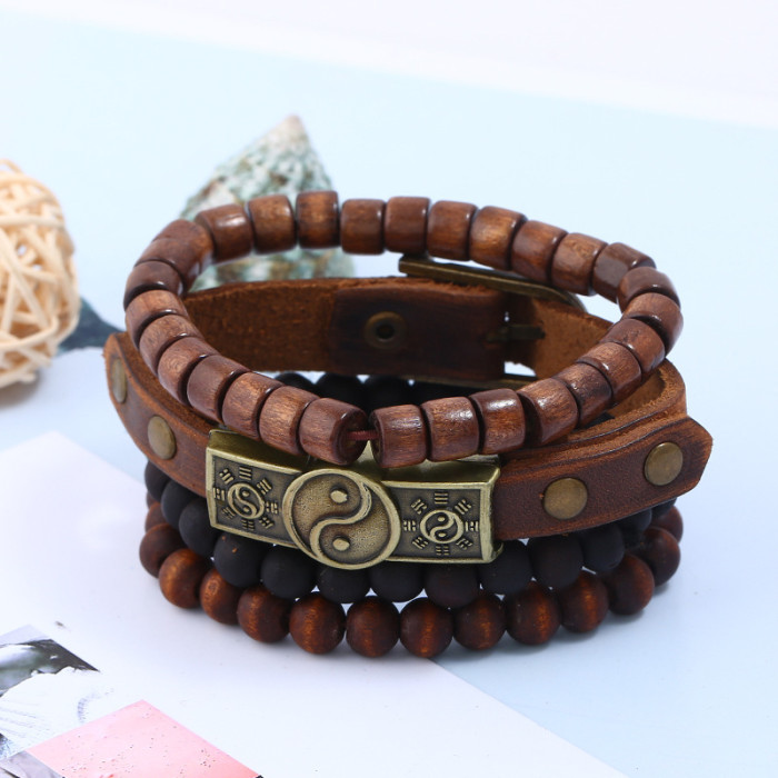 European and American Foreign Trade Jewelry Simple Retro Alloy Bagua Leather Bracelet Hand Rope Genuine Leather Bracelet Multi-layer Set Bracelet