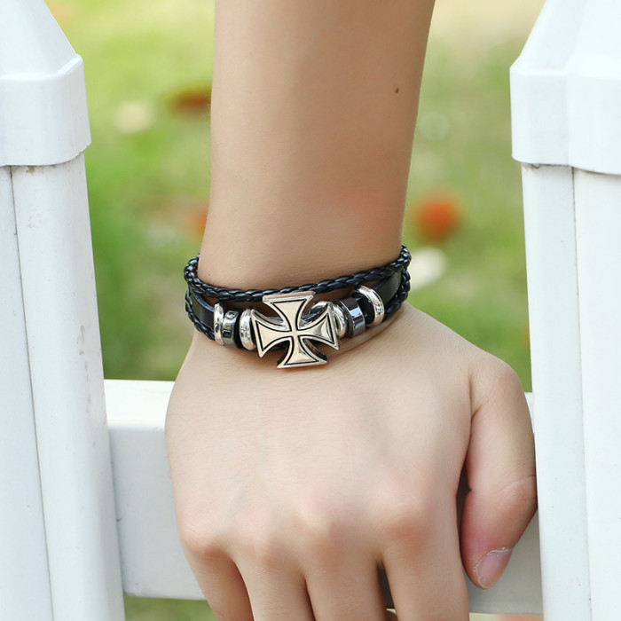 Cross-Border Bracelet Custom European and American Punk Style Men's Leather Bracelet Simple Hand-Woven Cross Bracelet