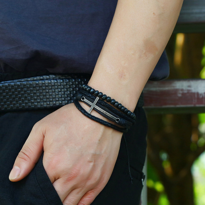 European and American Cross-Border AliExpress New Black Retro Beaded Cowhide Bracelet Simple Multi-Layer Woven Leather Bracelet