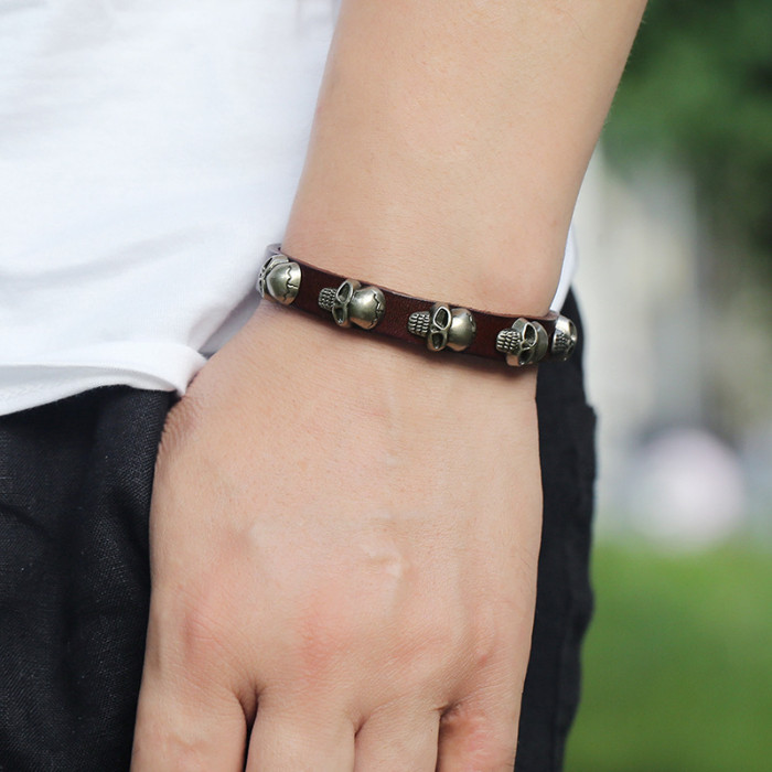 Cross-Border Hot-Selling Accessories European and American New Punk Style Skull Leather Bracelet Personality Trendy Unisex Student Jewelry