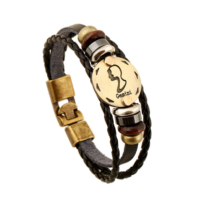 Hot-Selling Jewelry Twelve Zodiac Leather Bracelet Simple Multi-Layer Retro Woven Couple Genuine Leather Bracelet Bangle