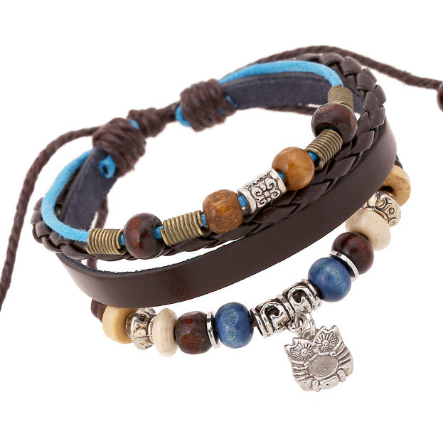 Factory Direct Vintage Beaded Cowhide Bracelet Adjustable Personalized Owl Pendant Leather Bracelet Jewelry