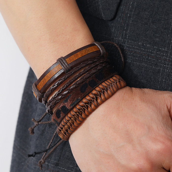 Cross-Border Hot-Selling Jewelry Simple Hand-Woven Vintage Cowhide Bracelet DIY 4-Piece Set Combination Unisex Wristband Bracelet