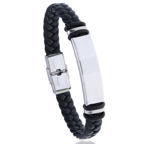 Cross-Border E-commerce Source Vintage Leather Woven Stainless Steel Men's Bracelet Simple Smooth PU Leather Bracelet Bangle