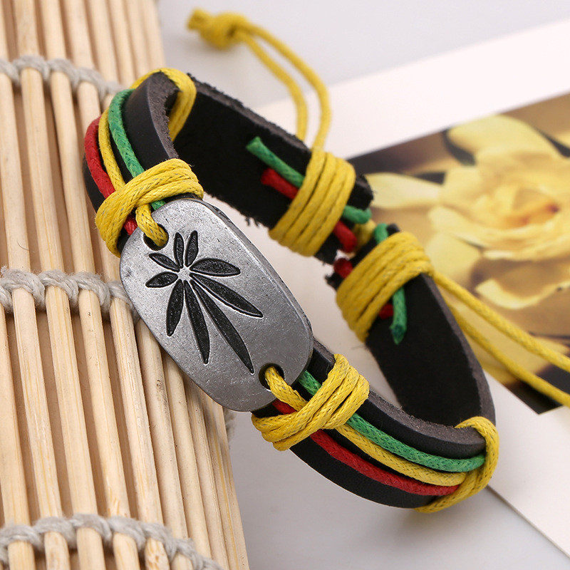 Cross-Border New Jamaica Red Yellow Green Big Leaf Cowhide Bracelet Hip Hop Street Dance Leather Accessories
