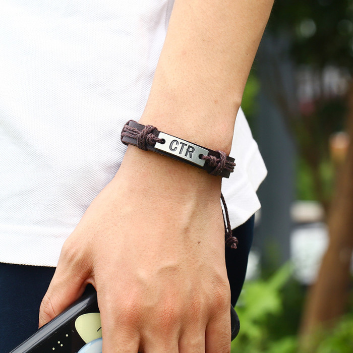 Factory Direct Sale Men's Retro Hemp Rope Woven Leather Bracelet Punk Style CTR Leather Bracelet Supply