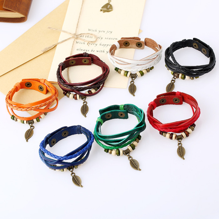 Punk New Style Woven Vintage Leaf Pendant Leather Bracelet Watch Strap Student Accessories Korean Version Personalize...