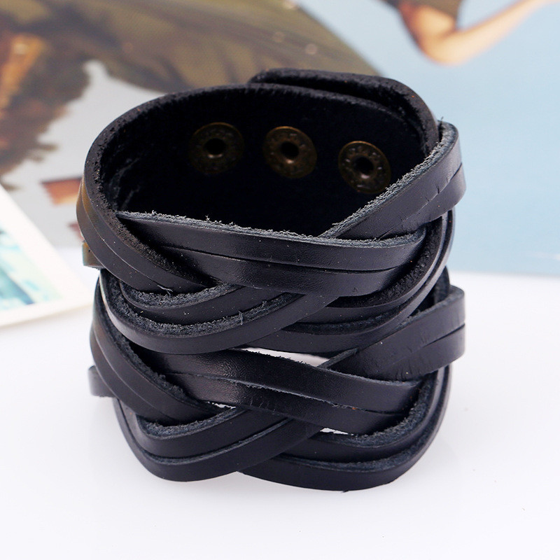 European and American Punk Retro Men's Wide Leather Bracelet AliExpress Stable Supply Handmade Woven Genuine Leather Bracelet