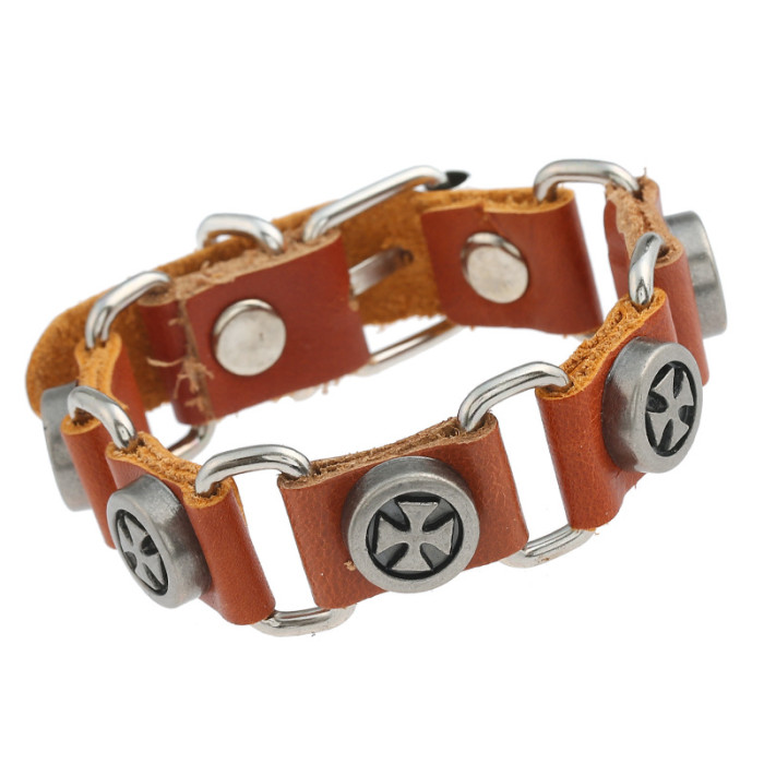 E-commerce Jewelry Source Manufacturer European and American Punk Style Connected Leather Bracelet Personality Trendy Cross Men's Bracelet
