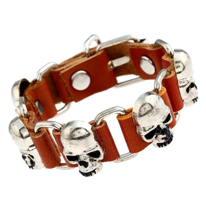 Foreign Trade Jewelry Personality Trendy Punk Style Cowhide Bracelet Simple Domineering Hip Hop Skull Leather Bracelet