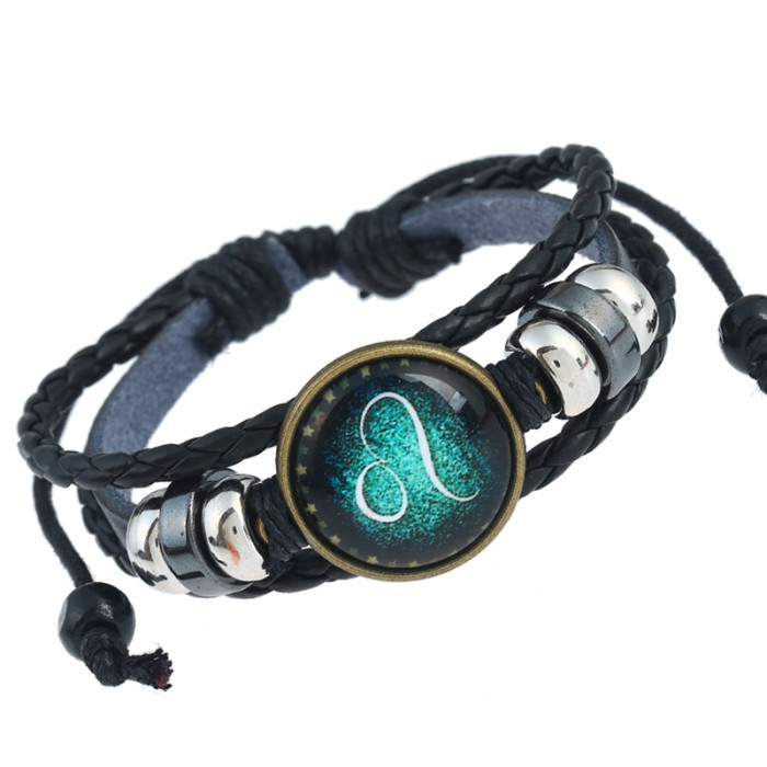 European and American Zodiac Bracelet Handmade Woven Beaded Vintage Cowhide Zodiac Bracelet Cross-Border Source Jewelry