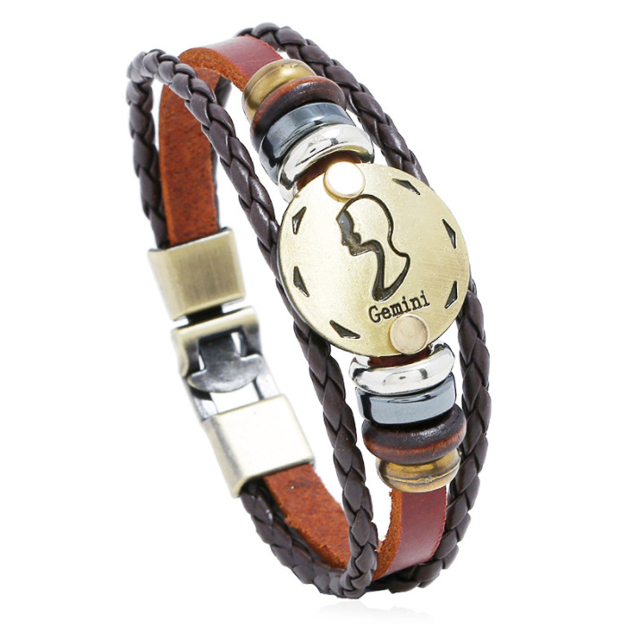 Punk New 12 Zodiac Leather Bracelet Style Handmade Woven Beaded Vintage Leather Bracelet
