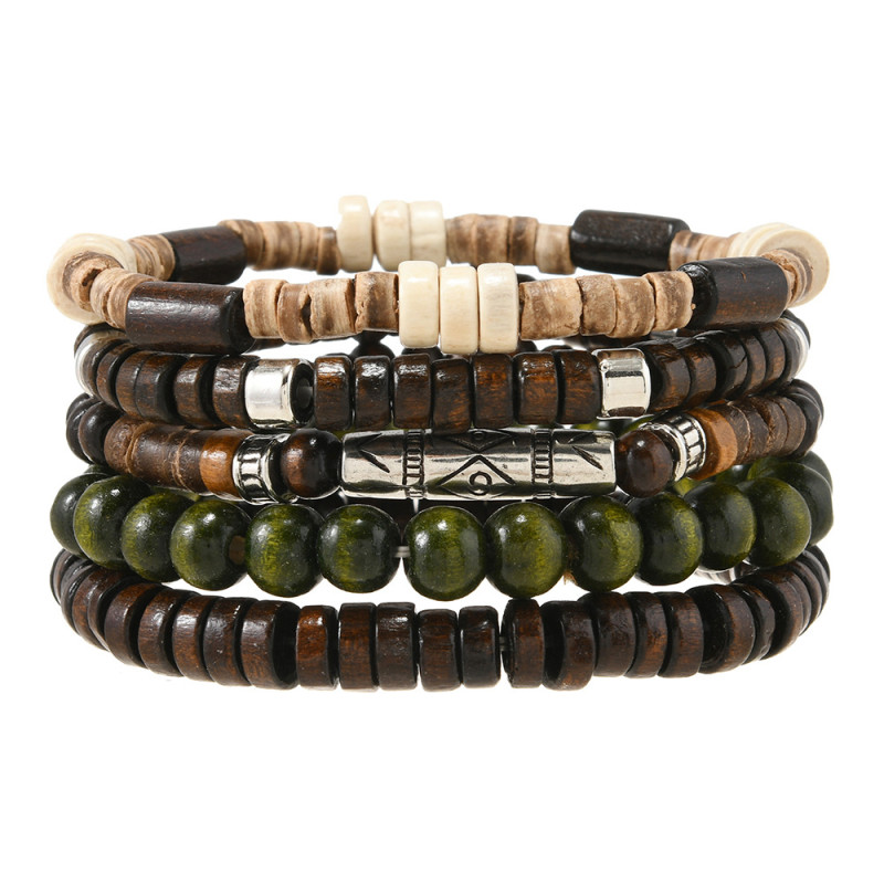 European and American New Style Men's Artistic Retro Multi-layer Elastic Cord Wooden Bead Bracelet Multi-layer Stacked Bead Bracelet