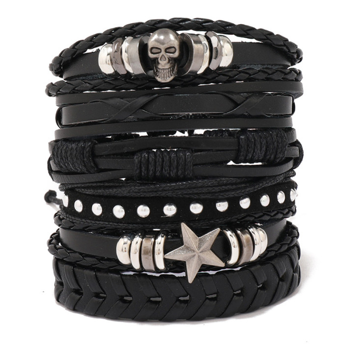 European and American New Style Jewelry Personalized Handmade Woven Leather Bracelet Simple Multi-layer DIY 6-piece Set Combination Men's Bracelet